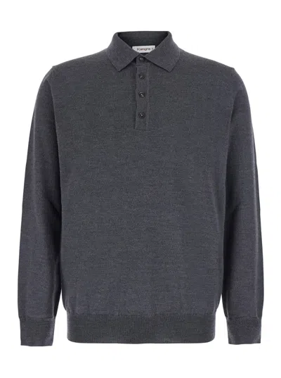 Kangra Cashmere Kangra Grey Long Sleeve Polo Shirt With Classic Collar In Wool For Men In Gray