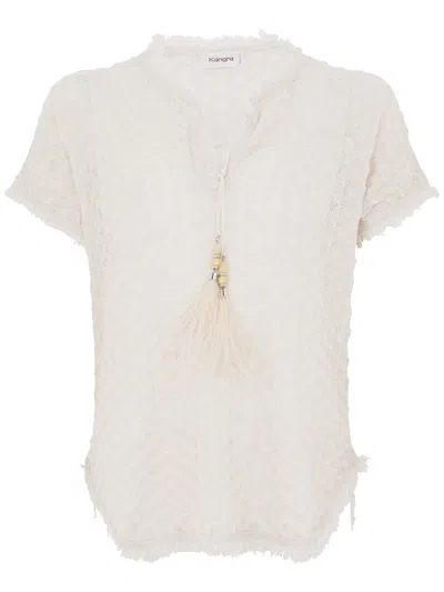 KANGRA CASHMERE KANGRA RELAXED BEIGE KNIT TOP WITH TASSEL DETAIL