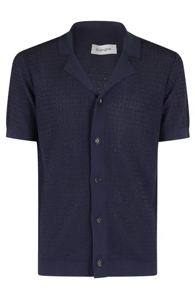 Kangra Cashmere Kangra Short-sleeved Shirt With Arabesque Pattern And Classic Collar In Blue