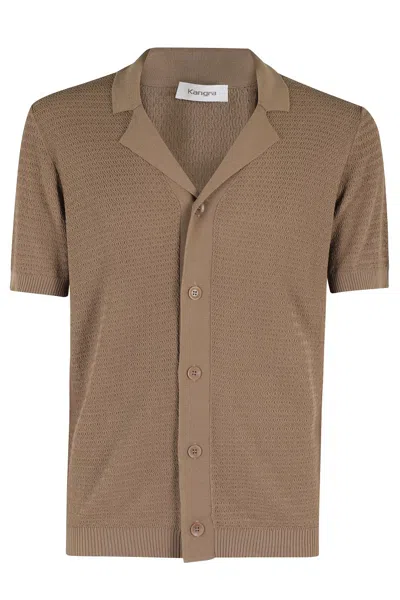 Kangra Cashmere Kangra Short-sleeved Shirt With Arabesque Textured Fabric And Notched Collar In Neutrals