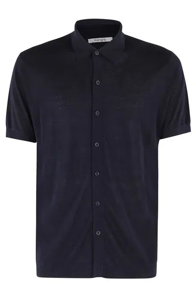 Kangra Cashmere Kangra Short-sleeved Shirt With Pointed Collar In Soft Silk-linen Blend In Blue