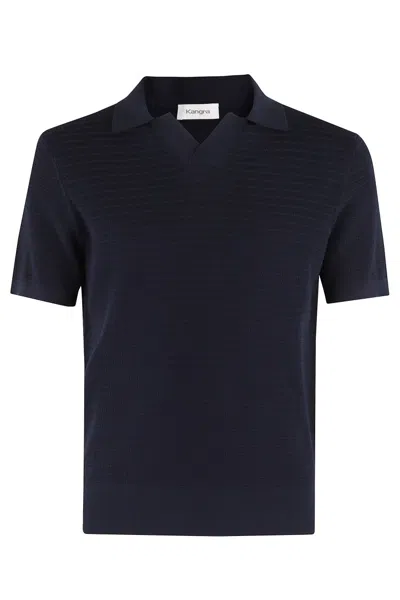 Kangra Cashmere Kangra Textured Striped Polo With Classic Collar In Blue