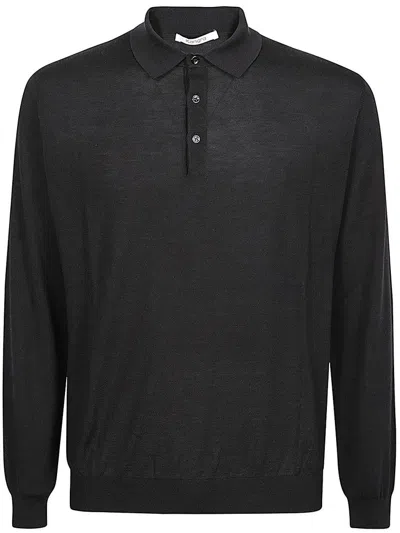 Kangra Cashmere Long Sleeved Knitted Polo Shirt In Black