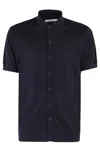 Kangra Cashmere Kangra Short-sleeved Shirt With Pointed Collar In Soft Silk-linen Blend In Blu