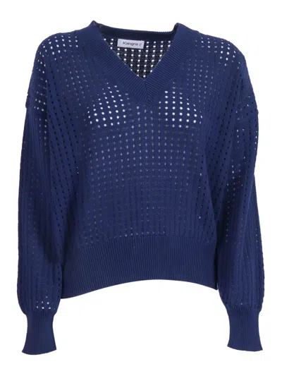 Kangra Cashmere Mesh Knit Cropped V Neck Sweater In Blue