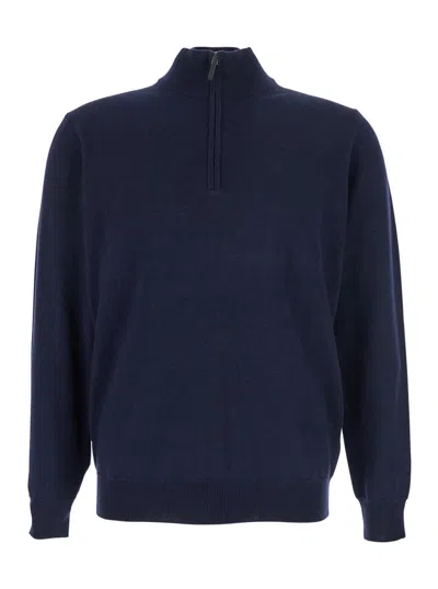 KANGRA CASHMERE BLUE SWEATER WITH HIGH NECK AND HALF ZIP CLOSURE ON THE FRONT IN WOOL WOMAN