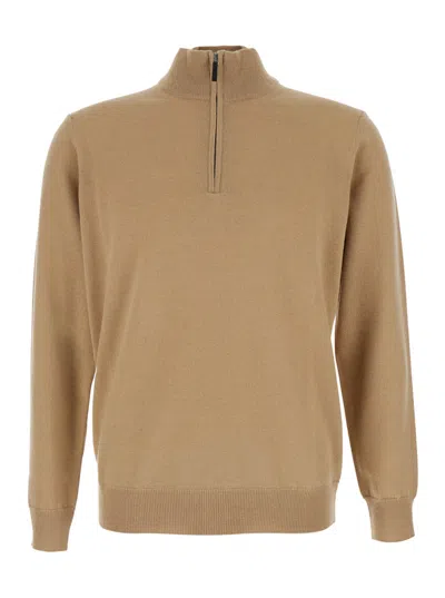 KANGRA CASHMERE BEIGE SWEATER WITH HIGH NECK AND HALF ZIP CLOSURE ON THE FRONT IN WOOL WOMAN