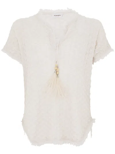 KANGRA CASHMERE OFF WHITE SHORT-SLEEVED TOP