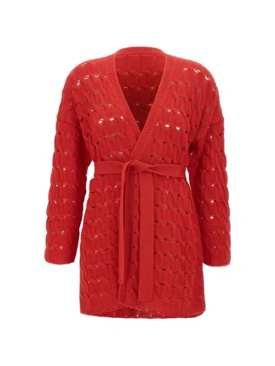Kangra Cashmere Open-knit Belted Cardigan In Red