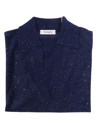 Kangra Cashmere Polo Aperta M.corta Con Micropaillettes In Blue