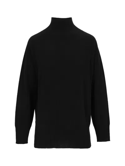 Kangra Cashmere Raglan Turtleneck Sweater With Side Slits And Ribbed Details In Black