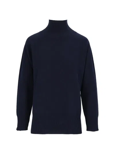 Kangra Cashmere Raglan Turtleneck Sweater With Side Slits In Blue