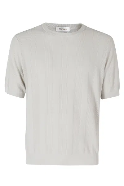Kangra Cashmere Sand Vertical Weave Short Sleeve Ribbed Trim Cotton Knit T-shirt In White