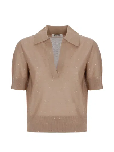 Kangra Cashmere Sequin-embellished Polo-collar T-shirt In Brown