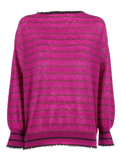 Kangra Cashmere Wide Stripe Boat Neck With Fringed Trim In Purple