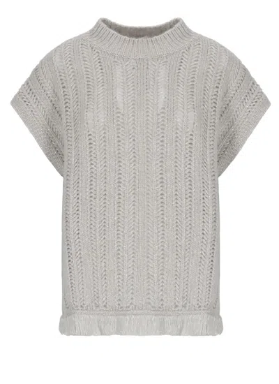 Kangra Cashmere Round-neck Fringed-detail Top In Gray