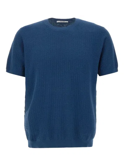Kangra Cashmere Textured-weave Short-sleeve Sweater In Blue
