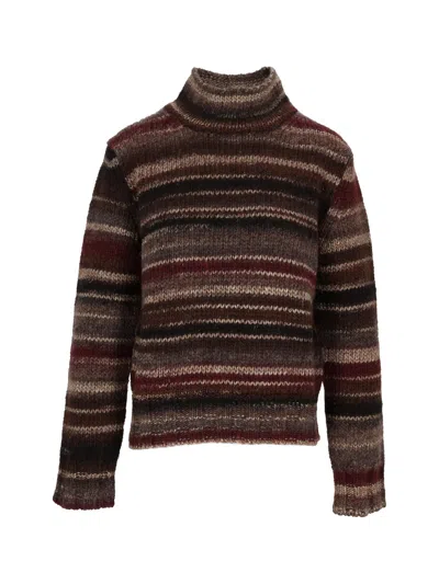 Kangra Cashmere Knitted Turtleneck Sweater With Horizontal Stripes And Ribbed Details In Brown