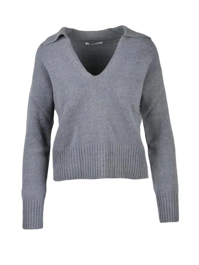 Kangra Cashmere V-neck Knit Sweater With Ribbed Detail And Enhanced Stretch In Gray