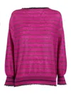 Kangra Cashmere Wide Stripe Boat Neck With Fringed Trim In Purple