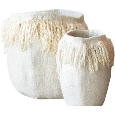 Kanju Interiors Fringed Skirt Mohair Decorative Wool Basket In White