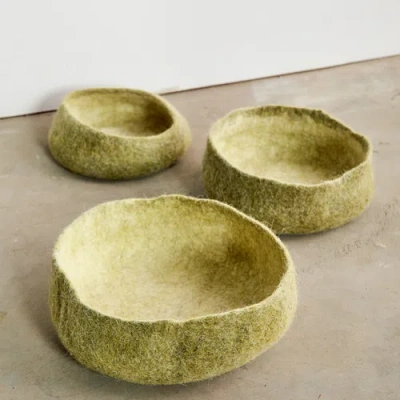 Kanju Interiors Olive Green Hand-felted Wool Nesting Bowls