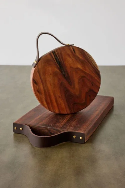 Kanju Interiors Round Wooden Cutting Board With Leather Strap In Brown