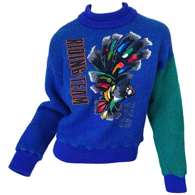 Pre-owned Kansai Yamamoto 1980s Riding Team Royal Blue Embroidered Novelty Wool Sweater