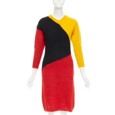 Pre-owned Kansai Yamamoto 1980s Vintage Red Yellow Black Wool Colorblocked Knitted Dress