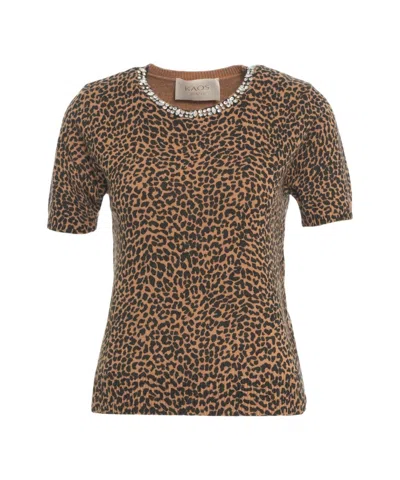 Kaos Animal Print Knit Top In Brown