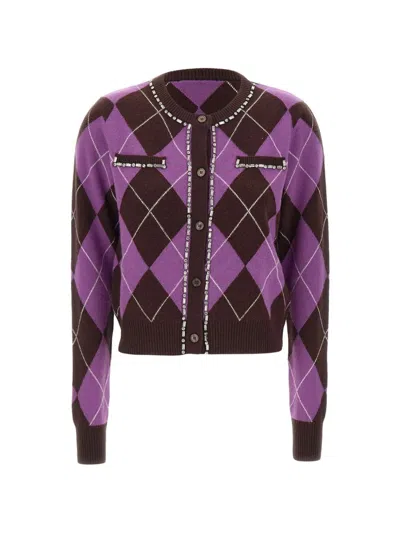 Kaos Argyle Stone-embellished Cardigan In Purple