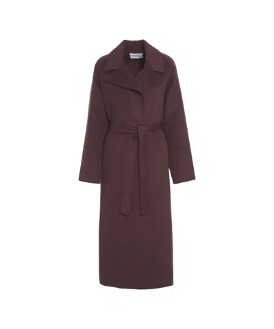 Kaos Belted Brown Wool Blend Coat With Wide Lapels In Burgundy
