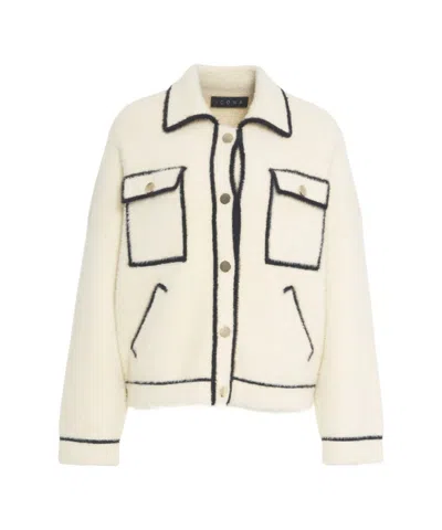 Kaos Boxy White Knit Cardigan With Contrasting Piping In Multi