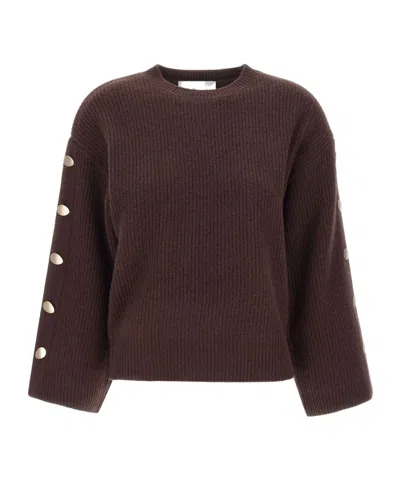 Kaos Button-sleeve Ribbed Knitted Sweater In Brown