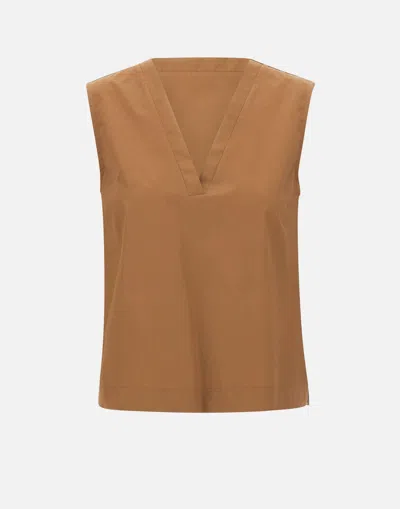 Kaos Cotton Poplin Sleeveless V Neck Top In Brown