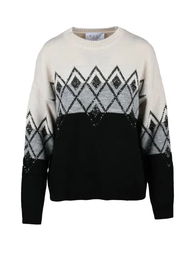 Kaos Crew Neck Mixed Fibre Sweater With Geometric Pattern In White