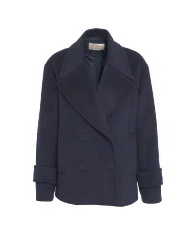 Kaos Double-breasted Peacoat With Buttoned Cuffs And Structured Silhouette In Blue