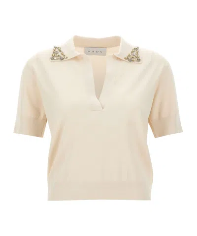 Kaos Embellished Collar Knitted Polo Top In Neutral