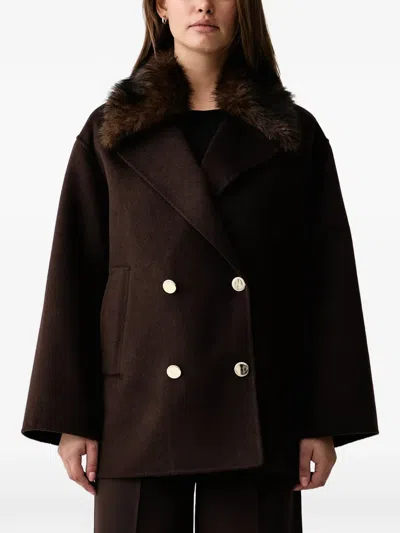 Kaos Faux-fur Collar Double-breasted Coat In Brown