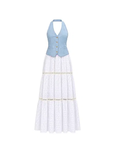 Kaos Halterneck Broderie-anglaise Maxi Dress In Blue