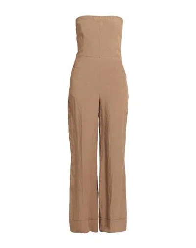 Kaos Jeans Woman Jumpsuit Camel Size 8 Viscose, Linen In Beige