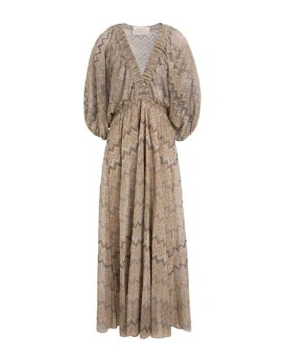 Kaos Jeans Woman Midi Dress Beige Size 12 Polyamide, Metallic Polyester, Polyester, Viscose In Brown