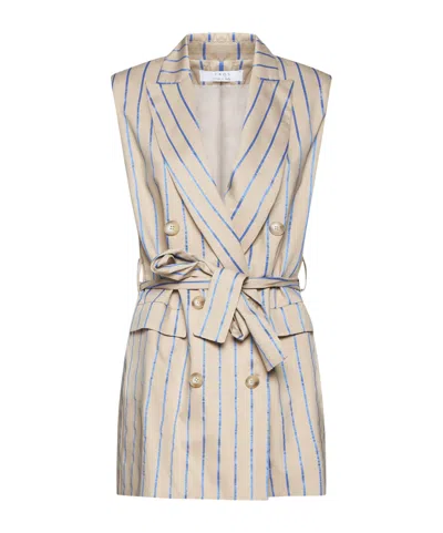 Kaos Long Double Breasted Sleeveless Striped Vest In Neutral