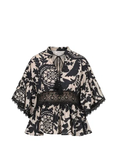 Kaos Paisley-print Lace-panel Blouse In Black