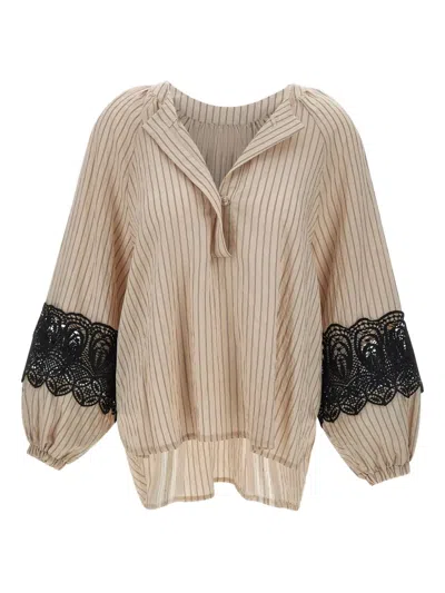 Kaos Pinstripe Lace-insert Tunic In Brown