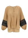 Kaos Pinstripe-pattern Lace-insert Blouse In Brown