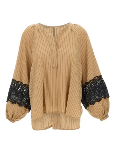 Kaos Pinstripe-pattern Lace-insert Blouse In Brown