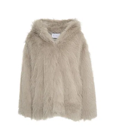 Kaos Plush Faux Fur Hooded Jacket With Relaxed Fit In Brown