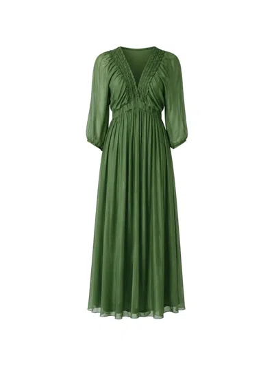 Kaos Ruched-trim Pleated Maxi Dress In Green