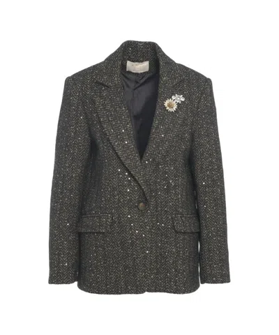 Kaos Sequined Blazer With Brooch In Gray